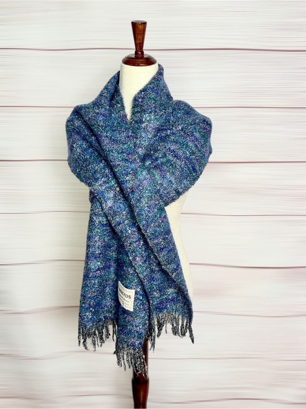 Micros Ireland Winter Scarf Boucle Mohair Blue Geay Lilac 13x68” Men’s Women's